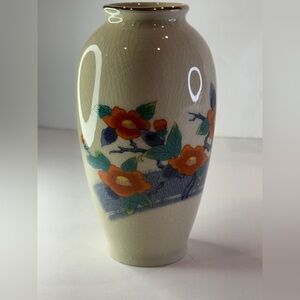 Apex Ceramic Crackle-Glaze Finish Vase with Orange and Blue Floral Design